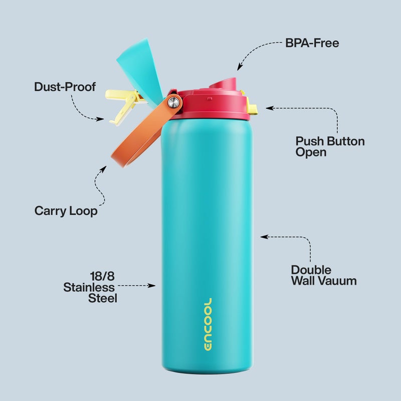 ENCOOL Insulated Water Bottle with Straw - Encool Stainless Steel Water Bottle with Push Button Lid, Leak-Proof & BPA-Free, Keeps Cold for 24 Hours for Sports, Travel, Gym (32 oz, Cerulean Blue) - Image 4