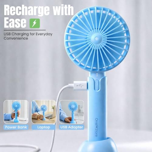 One94Store High Speed Portable Hand Fan, 4800 RPM, 1200mAh USB Rechargeable Battery, Up to 6H Runtime, 3 Speed Modes for Travel, Office & Makeup, Blue – Mini Fan, Hand Fan, Small Fan, USB Fan - Image 3