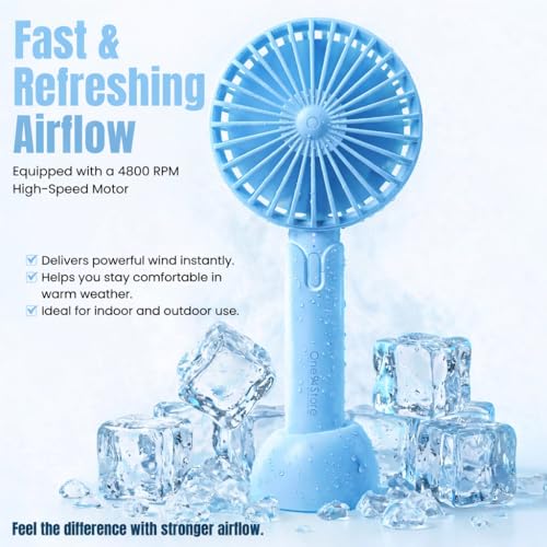One94Store High Speed Portable Hand Fan, 4800 RPM, 1200mAh USB Rechargeable Battery, Up to 6H Runtime, 3 Speed Modes for Travel, Office & Makeup, Blue – Mini Fan, Hand Fan, Small Fan, USB Fan - Image 2