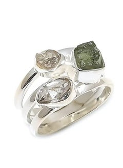 Rough Moldavite & Herkimer Diamond Ring Gemstone From Czech Republic 925 Sterling Silver Handmade Jewelry (5.5)
