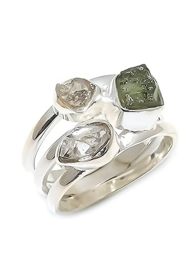Generic - Rough Moldavite & Herkimer Diamond Ring Gemstone From Czech Republic 925 Sterling Silver Handmade Jewelry (5.5) - Image 1