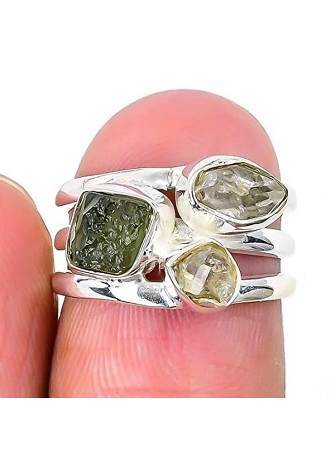 Generic - Rough Moldavite & Herkimer Diamond Ring Gemstone From Czech Republic 925 Sterling Silver Handmade Jewelry (5.5) - Image 1