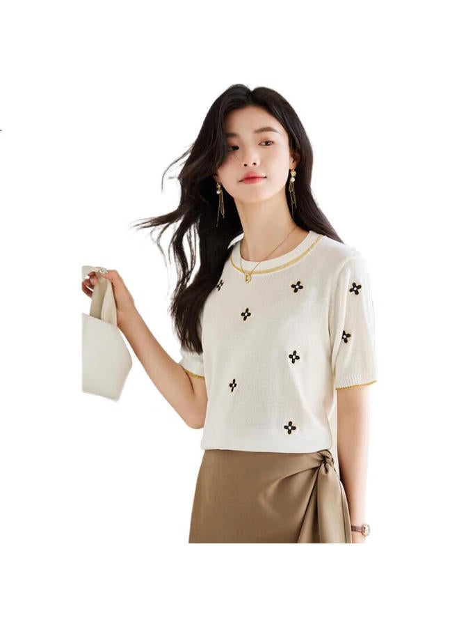 She enjoys Sheen Women'S Short Sleeve T-Shirt Round Neck Lucky Clover Embroidered Top Casual All-Match Knitted T-Shirt Women T143T1376 - Image 2