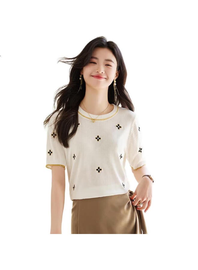She enjoys Sheen Women'S Short Sleeve T-Shirt Round Neck Lucky Clover Embroidered Top Casual All-Match Knitted T-Shirt Women T143T1376 - Image 3