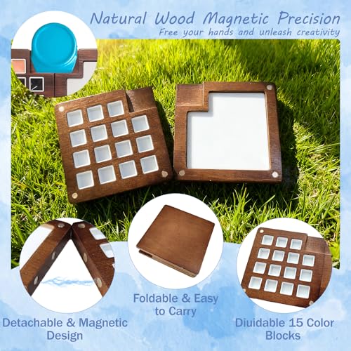 YCKJDYR Mini Watercolor Paint Set, 12 Colors Portable Outdoor Art Kit with Walnut Wood 15-Panel Palette, Crossbody Bag, Watercolor Journal, Metal Clip, Water Cup & Brush Ideal for Artists & Beginners - Image 4