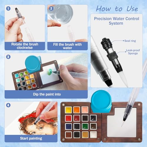YCKJDYR Mini Watercolor Paint Set, 12 Colors Portable Outdoor Art Kit with Walnut Wood 15-Panel Palette, Crossbody Bag, Watercolor Journal, Metal Clip, Water Cup & Brush Ideal for Artists & Beginners - Image 5
