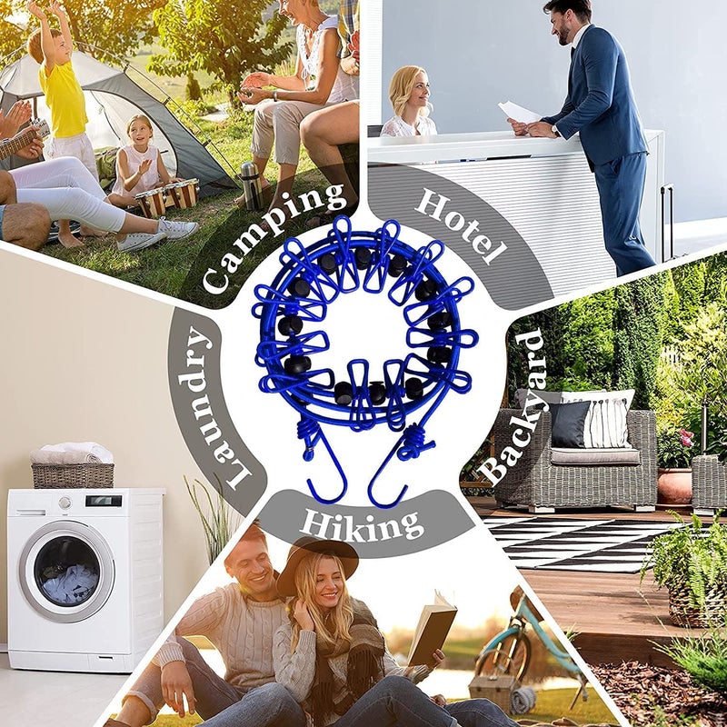 JUDEE Drying Rope with 12 Clips and 2 Hooks Travel Clothesline Rope Clothes Hanging Hook Adjustable Clothes with 12pcs Clothespins Outdoor Indoor WindProof Clothesline Multicolour Free Size 2 - Image 4