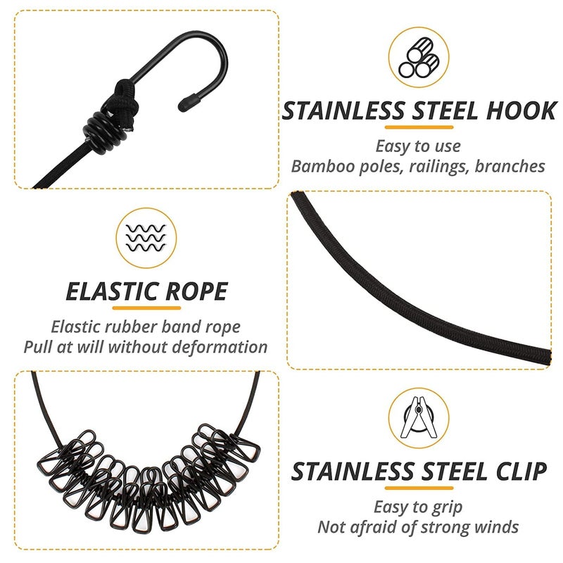 JUDEE Drying Rope with 12 Clips and 2 Hooks Travel Clothesline Rope Clothes Hanging Hook Adjustable Clothes with 12pcs Clothespins Outdoor Indoor WindProof Clothesline Multicolour Free Size 2 - Image 3