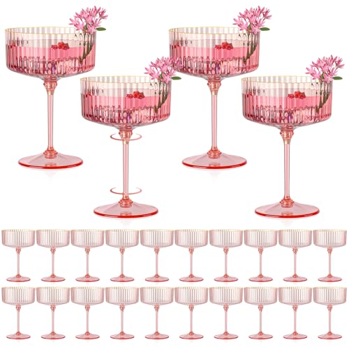 HKSZEH 24 PCS Ribbed Coupe Glasses Pink Plastic Champagne Coupe Cup 10oz Detachable Gold Rim Espresso Martini Glass Vintage Margarita Glassware Cocktail Glass for Wedding Bachelorette Party - Image 1