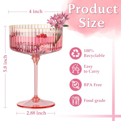 HKSZEH 24 PCS Ribbed Coupe Glasses Pink Plastic Champagne Coupe Cup 10oz Detachable Gold Rim Espresso Martini Glass Vintage Margarita Glassware Cocktail Glass for Wedding Bachelorette Party - Image 5