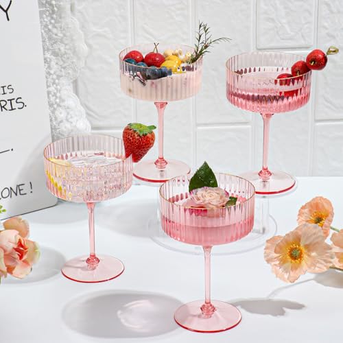 HKSZEH 24 PCS Ribbed Coupe Glasses Pink Plastic Champagne Coupe Cup 10oz Detachable Gold Rim Espresso Martini Glass Vintage Margarita Glassware Cocktail Glass for Wedding Bachelorette Party - Image 3