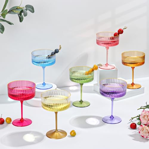 HKSZEH 24 PCS Ribbed Coupe Glasses Pink Plastic Champagne Coupe Cup 10oz Detachable Gold Rim Espresso Martini Glass Vintage Margarita Glassware Cocktail Glass for Wedding Bachelorette Party - Image 4