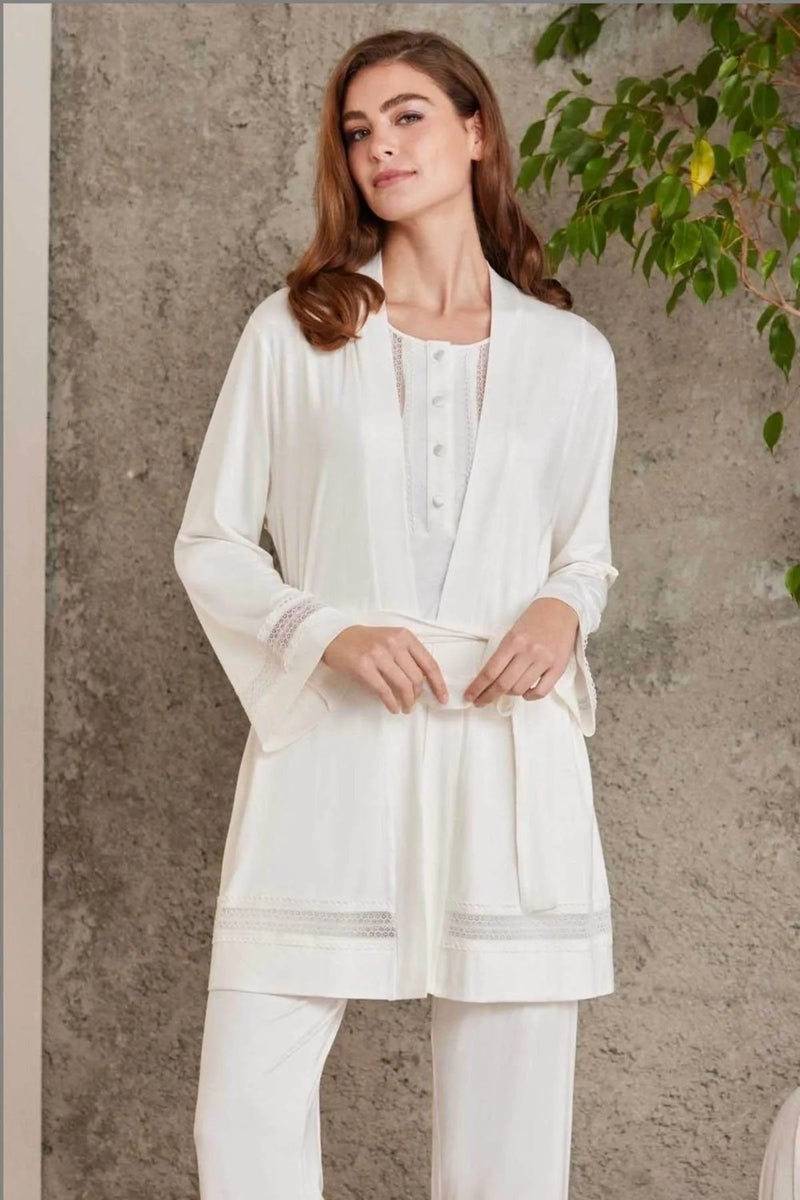 pierre cardin 2800 Women's Combed Cotton Lace Pajama Set with Dressing Gown - Ecru - Image 1