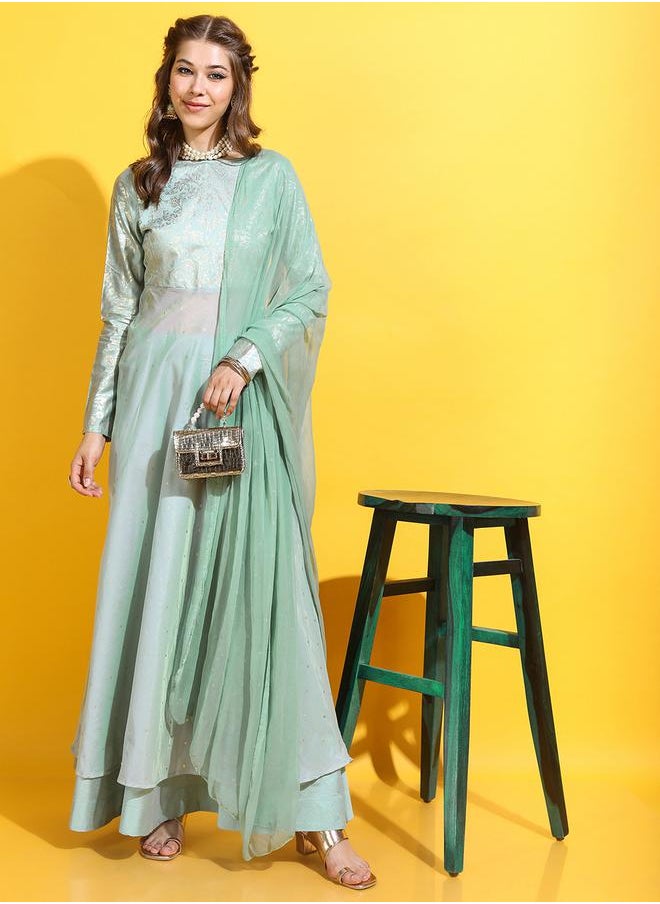 Vishudh Green Floral Polyester Kurta Set with Skirt & Dupatta by Styli  - Image 2