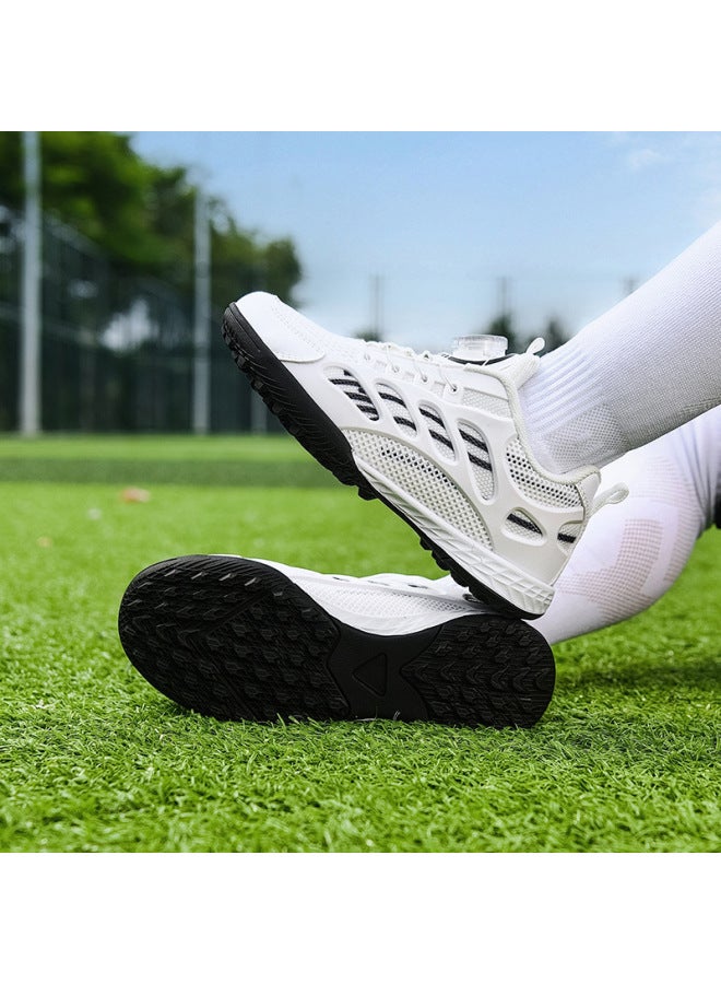 Children's Football Shoes with Rotating Button, Non-Slip TF Broken Nail Design, Mesh Upper, White and Black, for Girls and Boys Training and Competition
