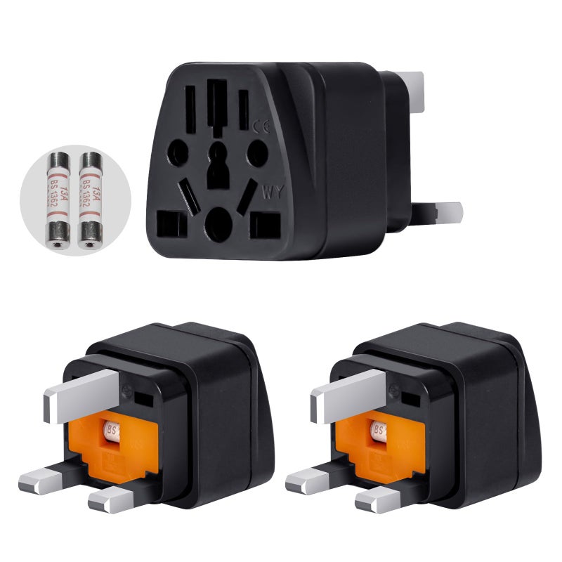 MANGO World to UK Travel Adapter 3Pack Black  Universal 3Prong Power Converter Transforms USJPAUEUCN plugs to UK  Grounded Safe  Compact for All Devices Includes 13A Fuse  2 Spares
