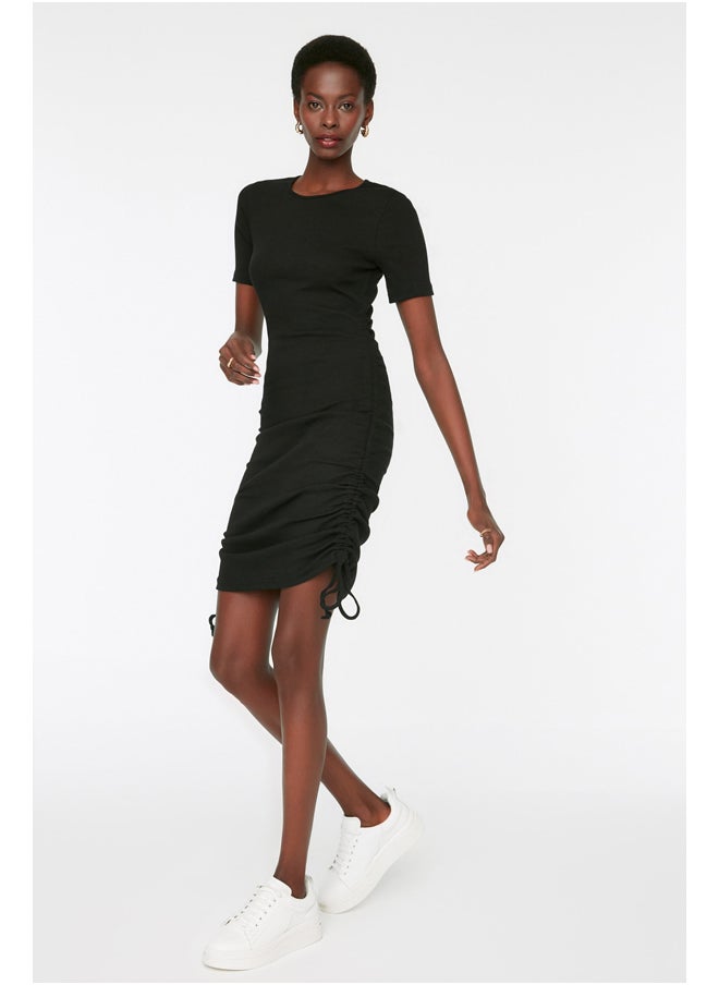 trendyol Black Ruffle Detailed Knitted Dress with a Fitted Crew Neck, Mini Ribbon, Flexible TWOSS21EL0118.  - Image 3