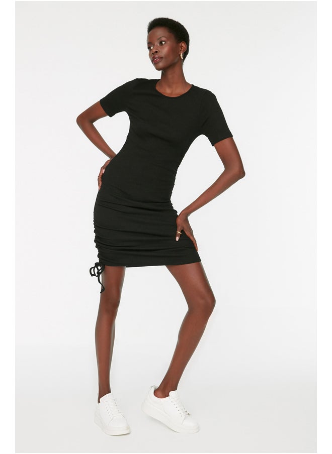 trendyol Black Ruffle Detailed Knitted Dress with a Fitted Crew Neck, Mini Ribbon, Flexible TWOSS21EL0118.  - Image 4