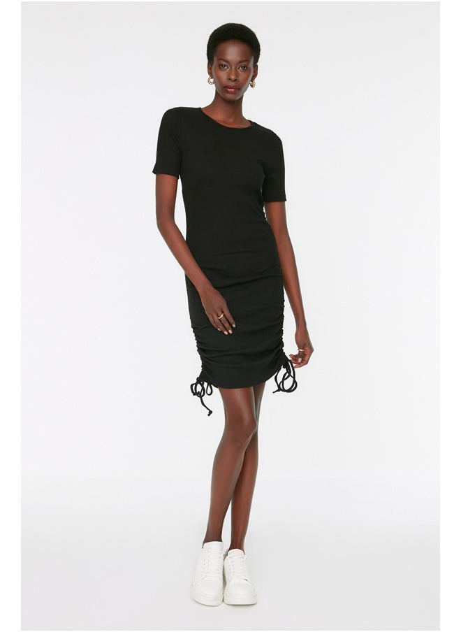 trendyol Black Ruffle Detailed Knitted Dress with a Fitted Crew Neck, Mini Ribbon, Flexible TWOSS21EL0118.  - Image 1
