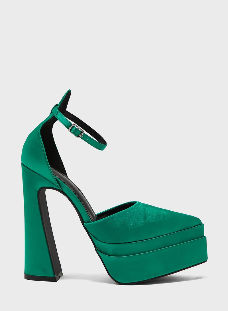 Truffle Satin Ankle Strap Platform Pump
