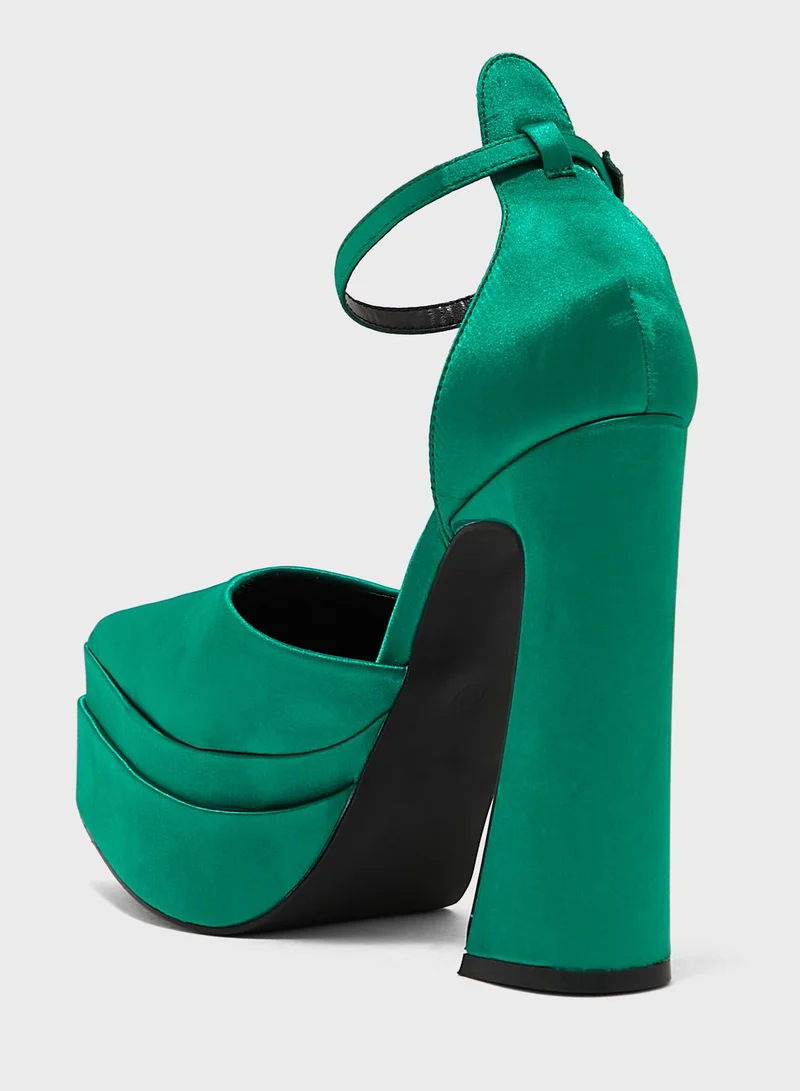 Truffle Satin Ankle Strap Platform Pump