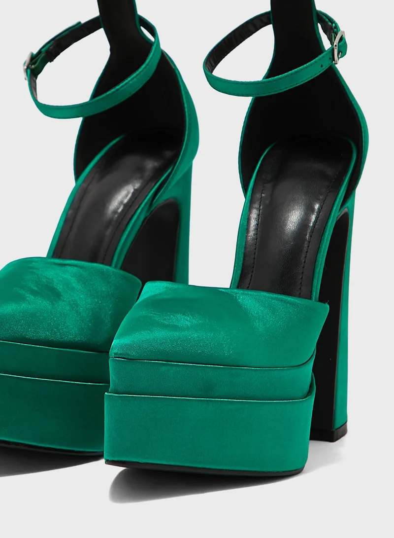 Truffle Satin Ankle Strap Platform Pump