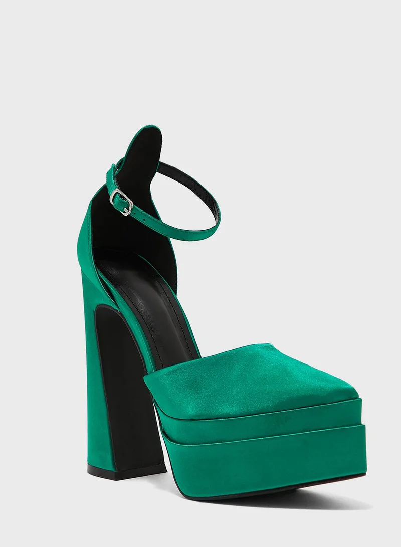 Truffle Satin Ankle Strap Platform Pump