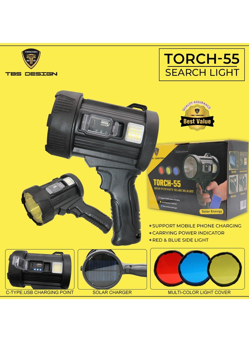 TBS DESIGN - Handheld Flashlight with Solar Charging 1700 Lumens Super Bright LED Spot Lights with 4 Color Options Included and 6 Modes Large Searchlight with COB Light and IPX5 Waterproof for Camping and Hunting - Image 1