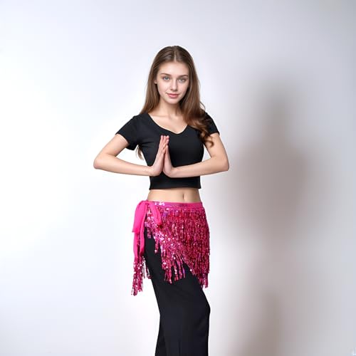SUMERSHA Belly Dance Hip Scarf Sequin Tassel Performance Outfits Sparkly Fringe Skirt Wrap Halloween Costume Party Rave Festival Rave Skirt for Women and Girls, Rose Red - Image 3