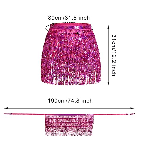 SUMERSHA Belly Dance Hip Scarf Sequin Tassel Performance Outfits Sparkly Fringe Skirt Wrap Halloween Costume Party Rave Festival Rave Skirt for Women and Girls, Rose Red - Image 4