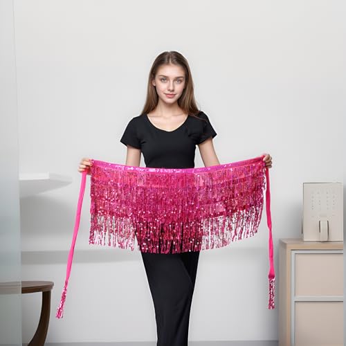 SUMERSHA Belly Dance Hip Scarf Sequin Tassel Performance Outfits Sparkly Fringe Skirt Wrap Halloween Costume Party Rave Festival Rave Skirt for Women and Girls, Rose Red - Image 2