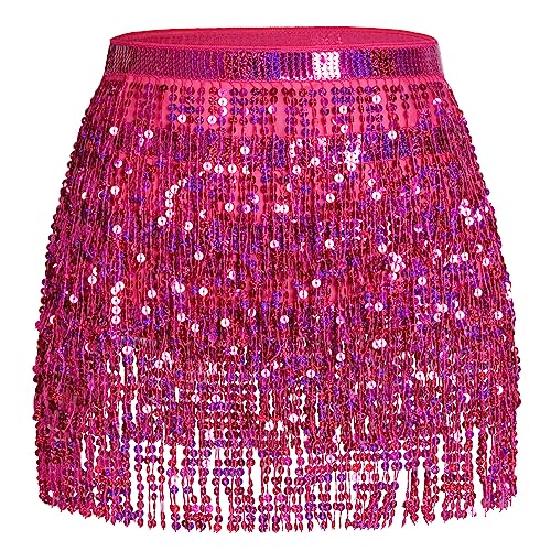 SUMERSHA Belly Dance Hip Scarf Sequin Tassel Performance Outfits Sparkly Fringe Skirt Wrap Halloween Costume Party Rave Festival Rave Skirt for Women and Girls, Rose Red - Image 1