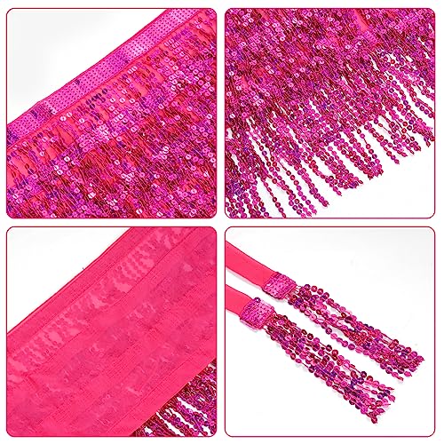 SUMERSHA Belly Dance Hip Scarf Sequin Tassel Performance Outfits Sparkly Fringe Skirt Wrap Halloween Costume Party Rave Festival Rave Skirt for Women and Girls, Rose Red - Image 5