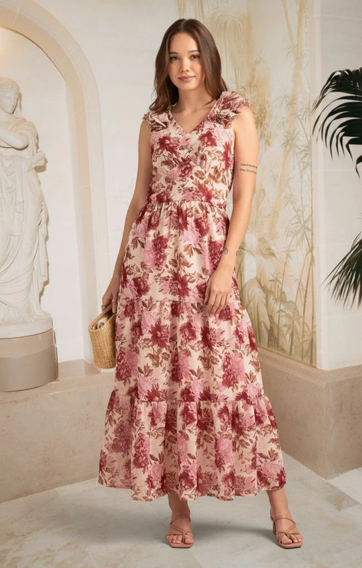 أوجيدر فستان ماكسي بطبعة زهور متعددة وتفاصيل مكشكشة