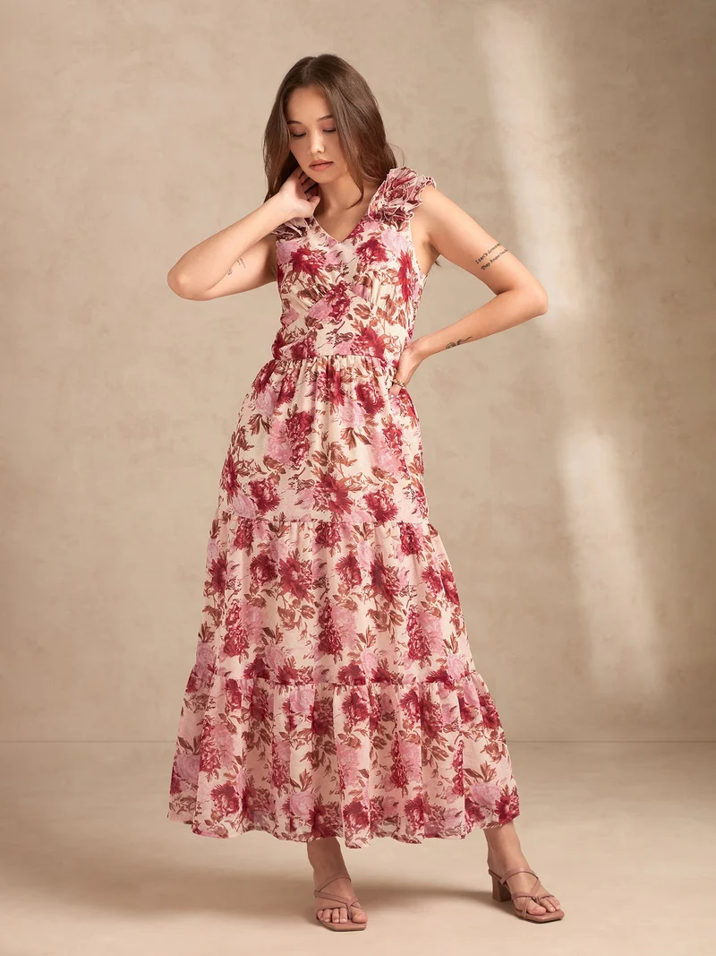 أوجيدر فستان ماكسي بطبعة زهور متعددة وتفاصيل مكشكشة