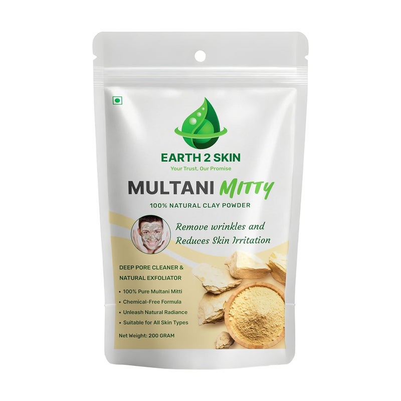 Earth2Skin 100 Natural Multani Mitti Powder Exfoliating Soothing Nourishing for Face Skin Hair Fullers Earth Organic Skincare Solution 200g - Image 1