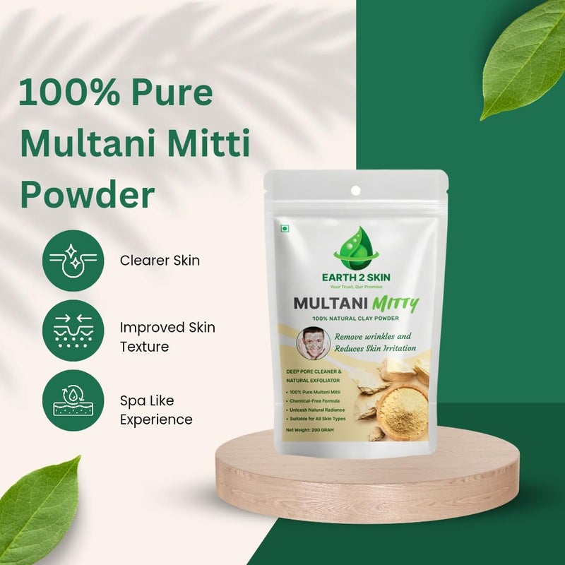 Earth2Skin 100 Natural Multani Mitti Powder Exfoliating Soothing Nourishing for Face Skin Hair Fullers Earth Organic Skincare Solution 200g - Image 2