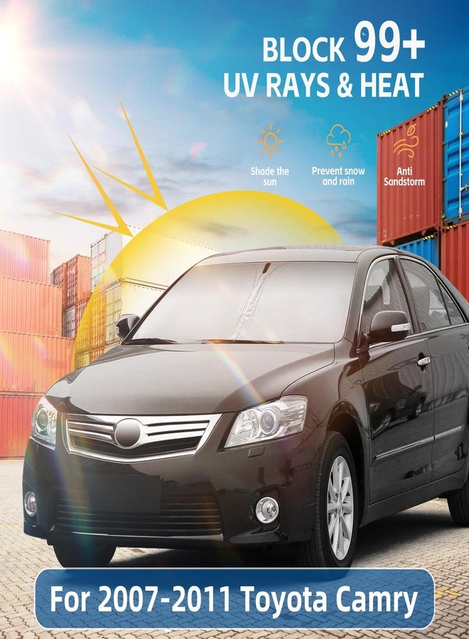 AuyNeas واقي شمس للزجاج الأمامي لسيارة تويوتا كامري 2007-2011، طبقتان، 240T، واقي شمس أمامي مصمم خصيصًا لسيارة كامري، قابل للطي، يحجب الأشعة فوق البنفسجية، من الإكسسوارات الصيفية الأساسية للسيارة - Image 2