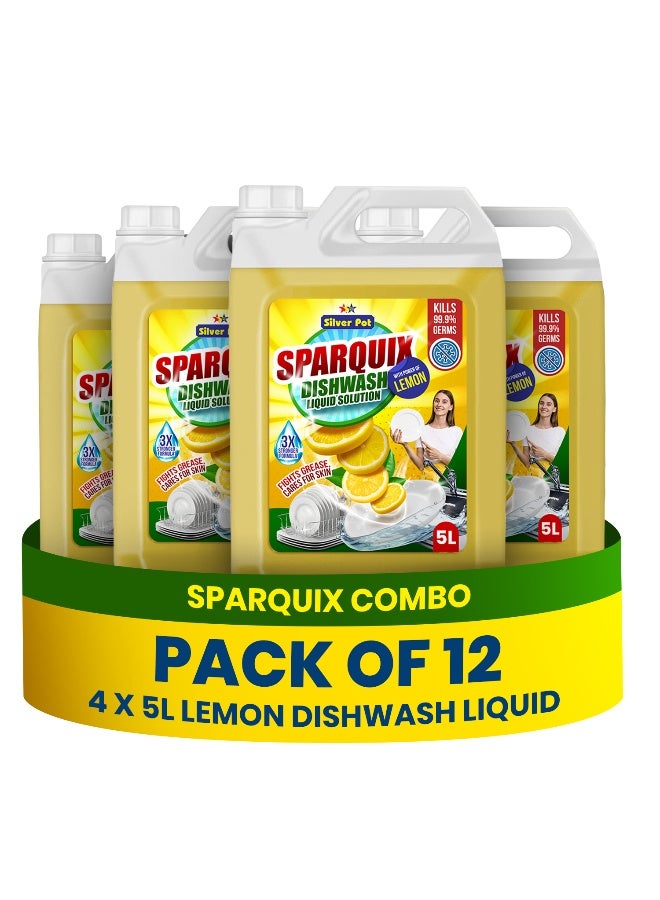 Silver Pot Lemon Dish Washing Liquid 20 Litres – (4 x 5 Litres) - Kitchen Dish Wash Gel - Tough on Grease & Oily Residue - Gentle on Hands - Fresh Lemon Fragrance - Image 1
