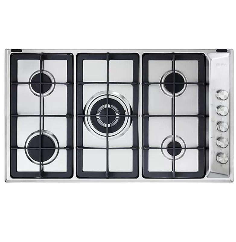 Elba 90 cm stainless steel hob, 5 gas burners including 1 double ring wok burner, cast iron pan supports, safety devices and electronic ignition EN95-545 XD