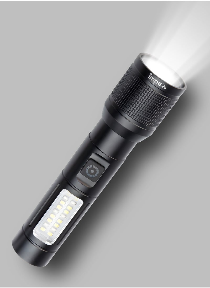 إمبكس مصباح يدوي LED قابل لإعادة الشحن، مصباح LED ليزر 10 وات، جسم من الألومنيوم غير قابل للتآكل بدرجة الطائرات، تركيز قابل للتعديل، بطارية ليثيوم أيون 1500 مللي أمبير في الساعة، شحن من النوع C، سطوع 400 لومن، 16 مصباح SMD LED، 6 أوضاع (Hunter Z0)  - Image 1