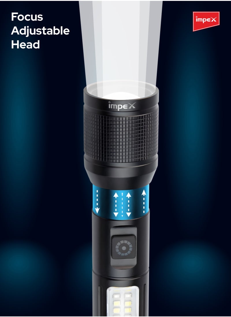 إمبكس مصباح يدوي LED قابل لإعادة الشحن، مصباح LED ليزر 10 وات، جسم من الألومنيوم غير قابل للتآكل بدرجة الطائرات، تركيز قابل للتعديل، بطارية ليثيوم أيون 1500 مللي أمبير في الساعة، شحن من النوع C، سطوع 400 لومن، 16 مصباح SMD LED، 6 أوضاع (Hunter Z0)  - Image 4
