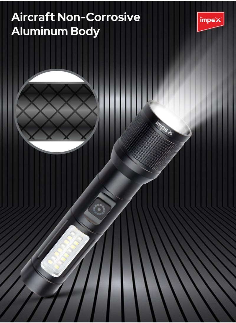 إمبكس مصباح يدوي LED قابل لإعادة الشحن، مصباح LED ليزر 10 وات، جسم من الألومنيوم غير قابل للتآكل بدرجة الطائرات، تركيز قابل للتعديل، بطارية ليثيوم أيون 1500 مللي أمبير في الساعة، شحن من النوع C، سطوع 400 لومن، 16 مصباح SMD LED، 6 أوضاع (Hunter Z0)  - Image 5