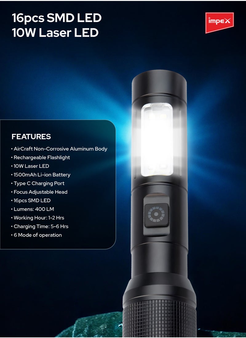 Rechargeable LED Flashlight, 10W Laser LED Torch, Aircraft-Grade Non-Corrosive Aluminum Body, Adjustable Focus, 1500mAh Li-ion Battery, Type-C Charging, 400 Lumens Brightness, 16 SMD LEDs, 6 Modes (Hunter Z0)