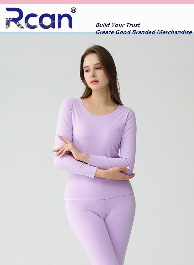 Rcan Women's Thermal Underwear Set Crew Neck Elasticity Long Sleeve Winter  Base Layer Bottom Shirt 2 Piece Slim Inside Fleece Top and Pants Plus Size  - Image 2