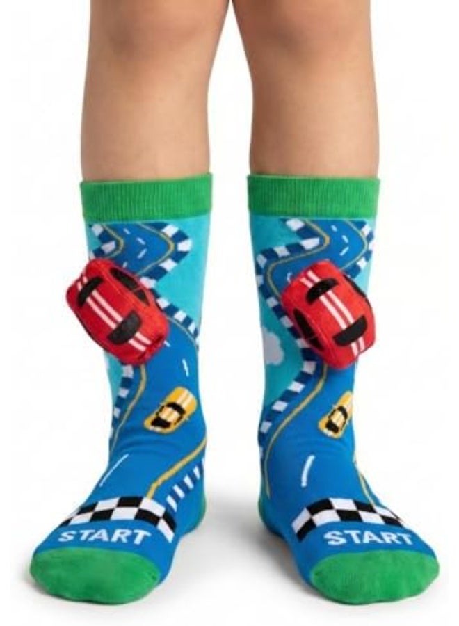 Glitters Funky 3D High Socks for Kids & Teens | Racing Car Cartoon Knee-High Socks | 3D Car Design | Soft Stretchable Fabric - Image 1