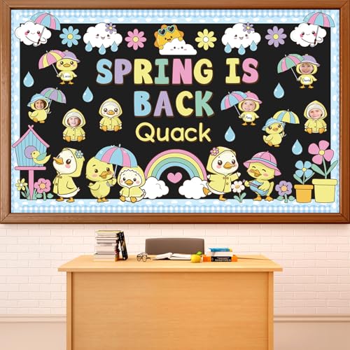 OBUSATT Spring is Back Bulletin Board Set Quack Duck Classroom Decoration Spring Bulletin Board Ducks Rainbow Cloud Photo Craft Cutouts for School Classroom Back to School Door Chalkboard Wall Decor - Image 1