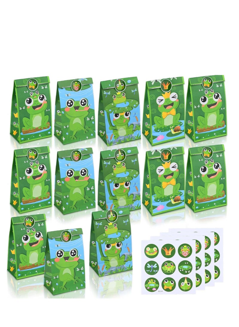 SYOSI 24 Pack Frog Party Paper Bags Candy Gift Bag with 36 Pcs Frog Stickers Cute Cartoon Shower Frog Themed Birthday Party Decorations Spring Themed Birthday Party Supplies Gifts for Kids - Image 1