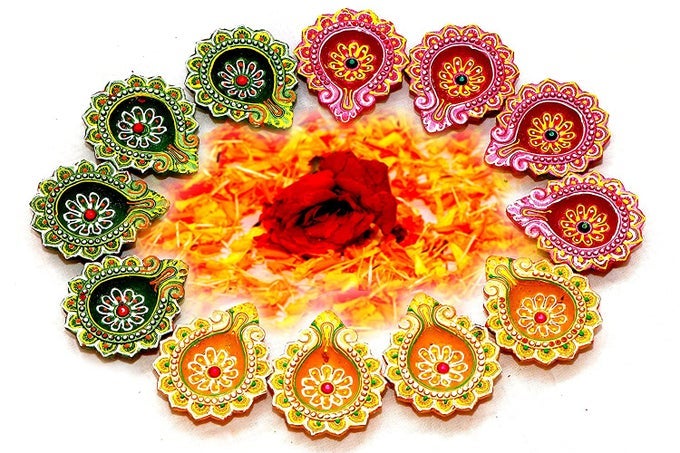CLAY 12 DIYAS DIYA DEEPAK EARTHEN ASSORTED COLORFUL SET DIWALI DECORATION PUJA HANDPAINTED DIYA FOR HOME INDOOR OUTDOOR DIWALI DESIGN HANDMADE MIX COLOR SET OF 12