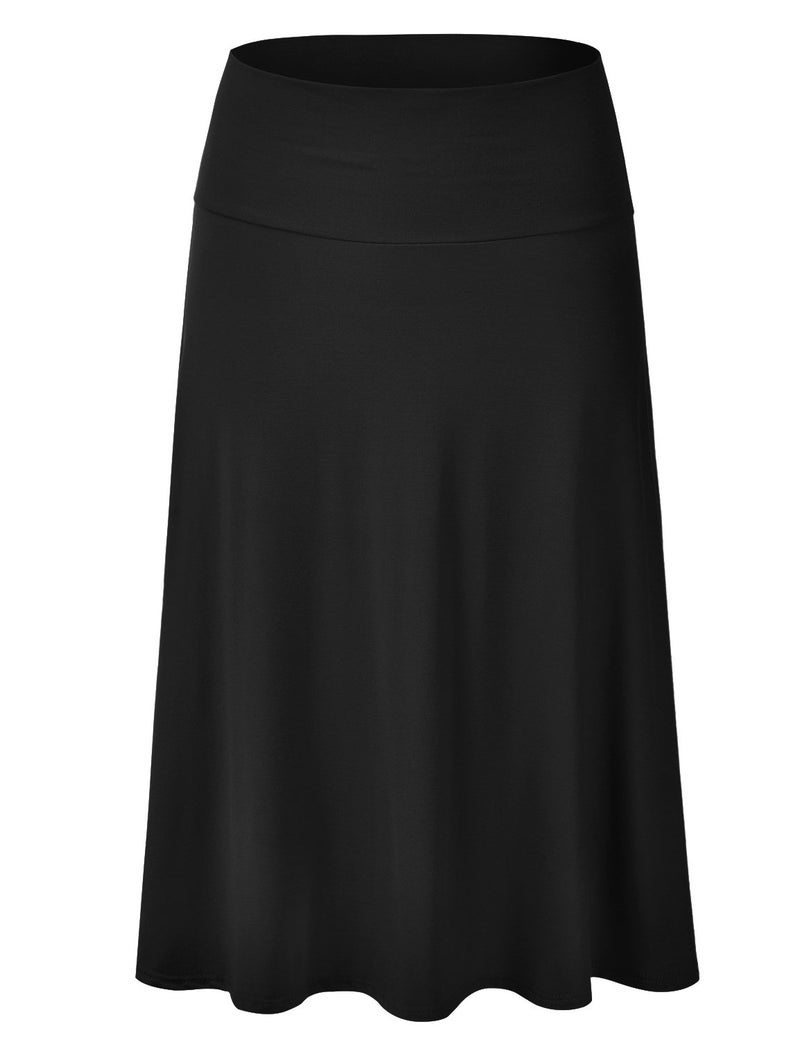 EIMIN Women's Solid Flared Lightweight Elastic Waist Classic Midi Skirt Black L - Image 1